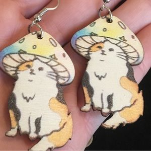 Mushroom Cat Wooden Dangle Earrings